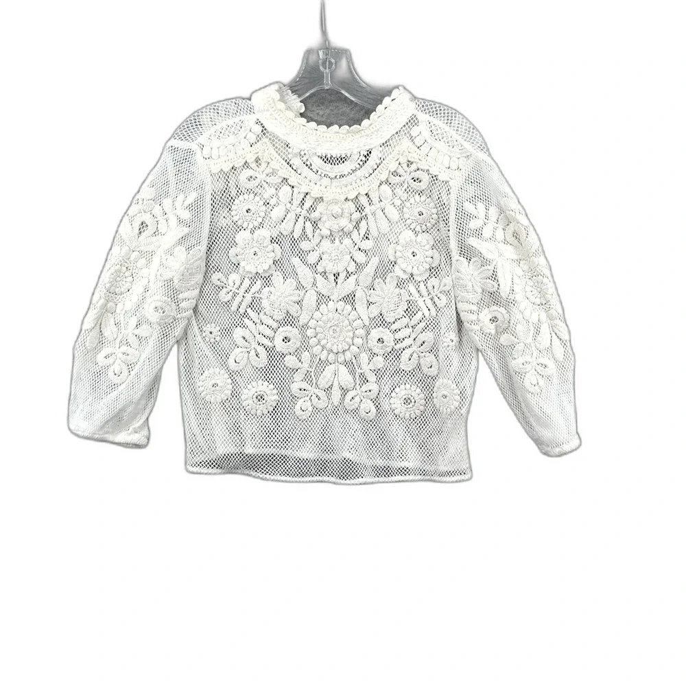 ZARA Crochet Top Womens Large White Floral Embroidered Preppy Classic Minimalist